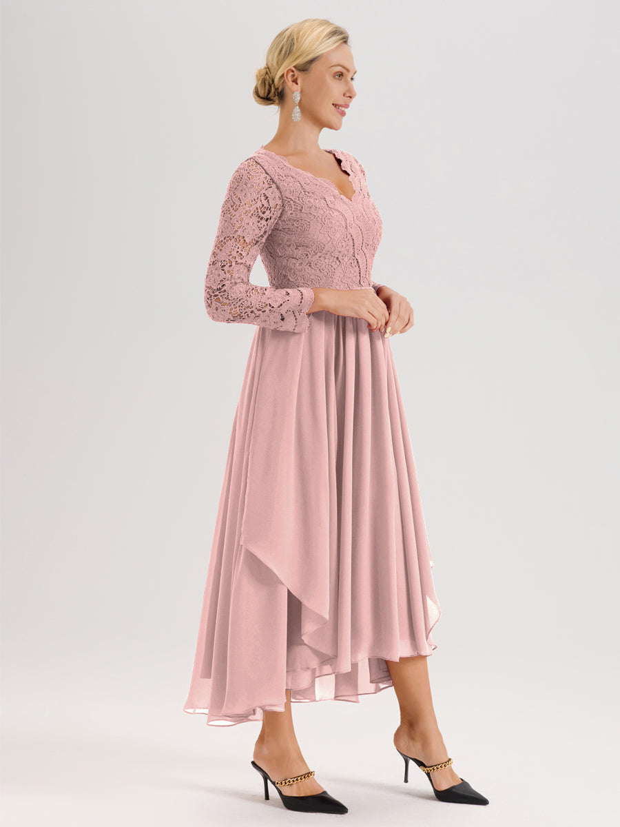 Cicinia Rose Poudré Robe De Mère De La Mariée Longue À Ourlet Irrégulier Ligne A En Dentelle Et Mousseline À Décolleté En V Et Manches Longues