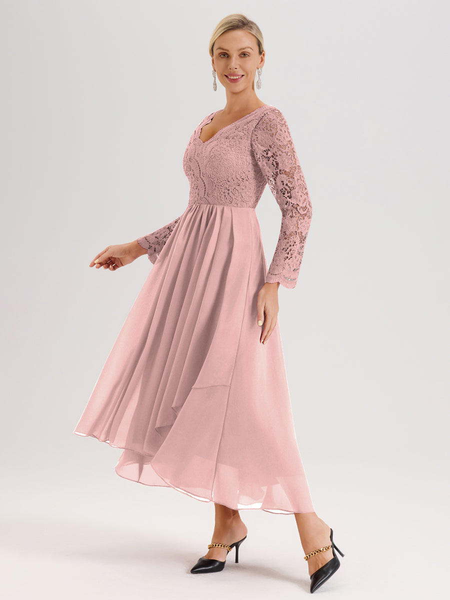 Cicinia Rose Poudré Robe De Mère De La Mariée Longue À Ourlet Irrégulier Ligne A En Dentelle Et Mousseline À Décolleté En V Et Manches Longues