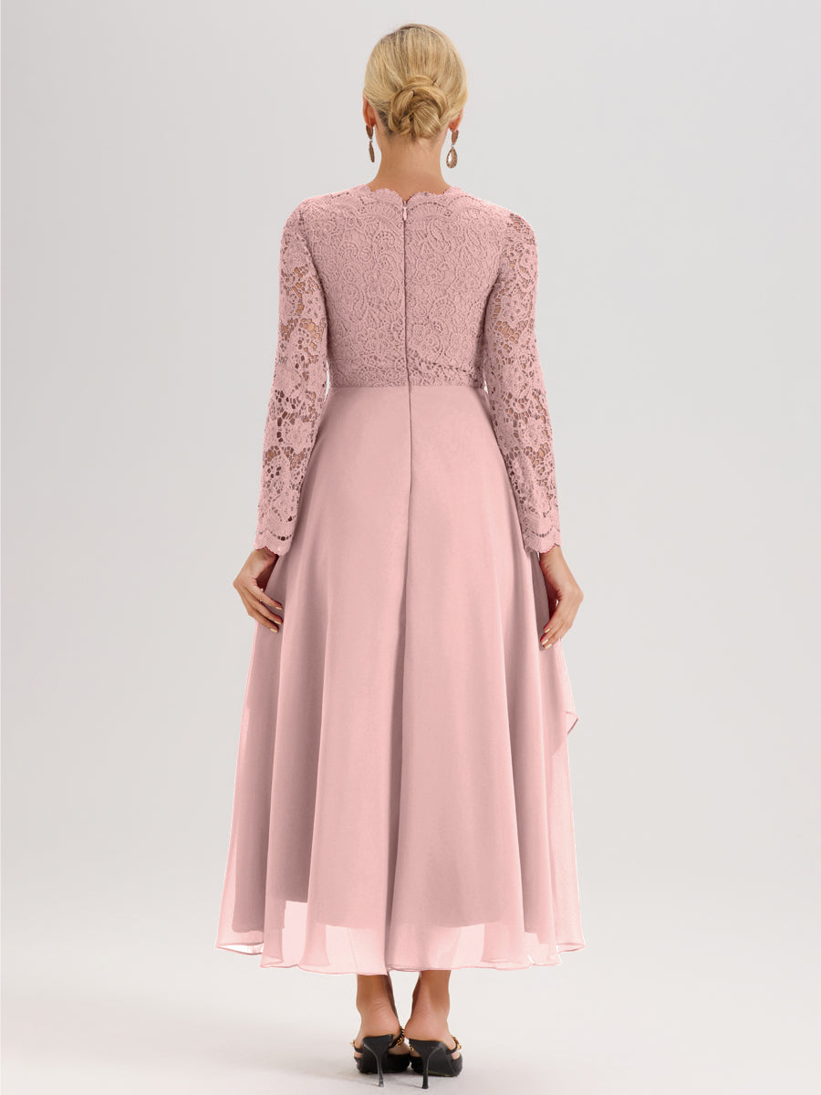 Cicinia Rose Poudré Robe De Mère De La Mariée Longue À Ourlet Irrégulier Ligne A En Dentelle Et Mousseline À Décolleté En V Et Manches Longues