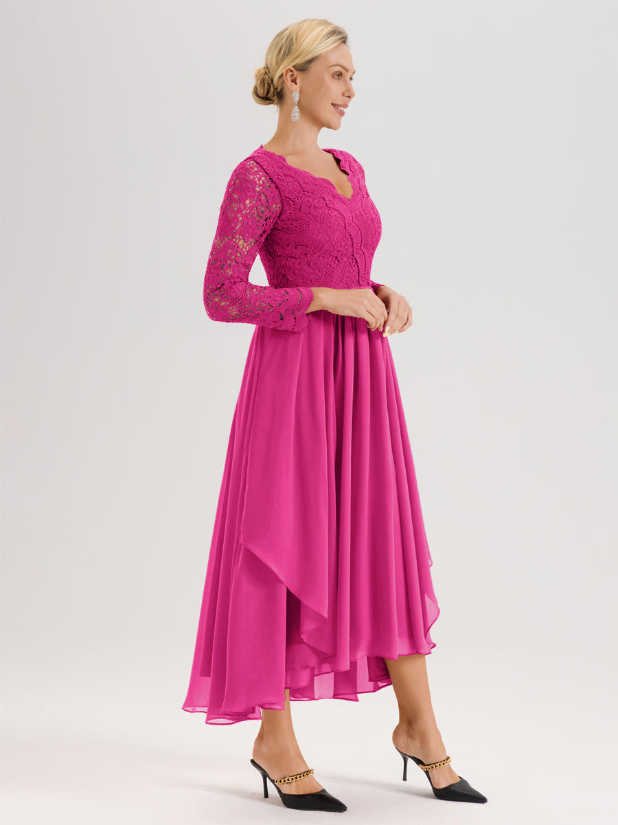 Cicinia Fuchsia Robe De Mère De La Mariée Longue À Ourlet Irrégulier Ligne A En Dentelle Et Mousseline À Décolleté En V Et Manches Longues