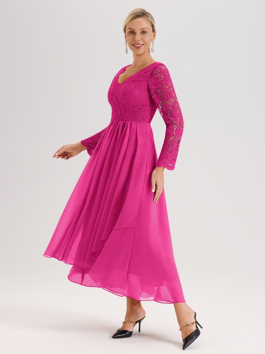 Cicinia Fuchsia Robe De Mère De La Mariée Longue À Ourlet Irrégulier Ligne A En Dentelle Et Mousseline À Décolleté En V Et Manches Longues