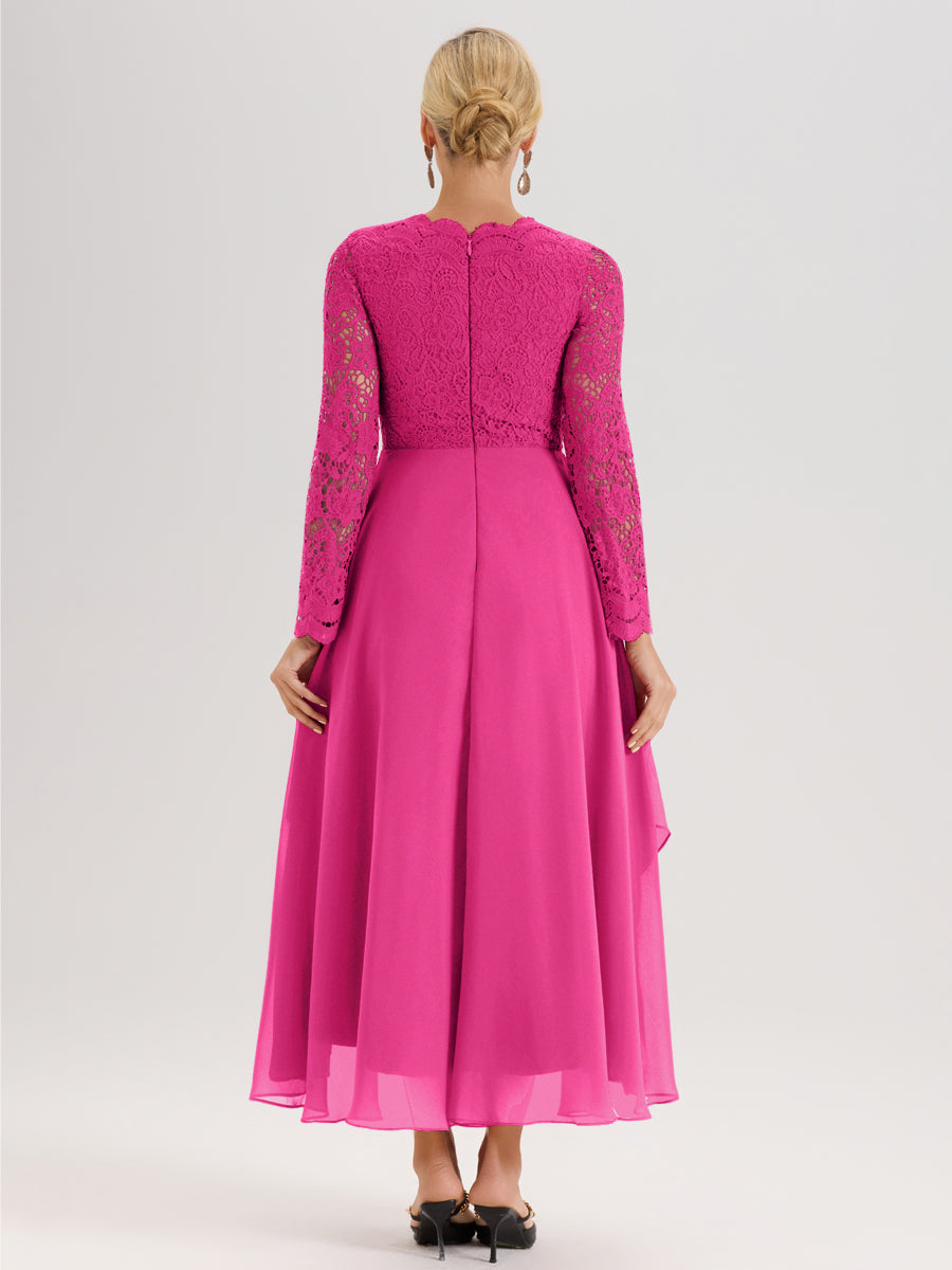 Cicinia Fuchsia Robe De Mère De La Mariée Longue À Ourlet Irrégulier Ligne A En Dentelle Et Mousseline À Décolleté En V Et Manches Longues