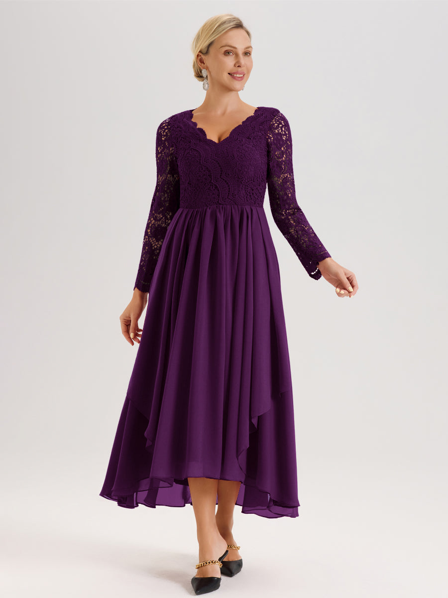 Cicinia Raisin Robe De Mère De La Mariée Longue À Ourlet Irrégulier Ligne A En Dentelle Et Mousseline À Décolleté En V Et Manches Longues