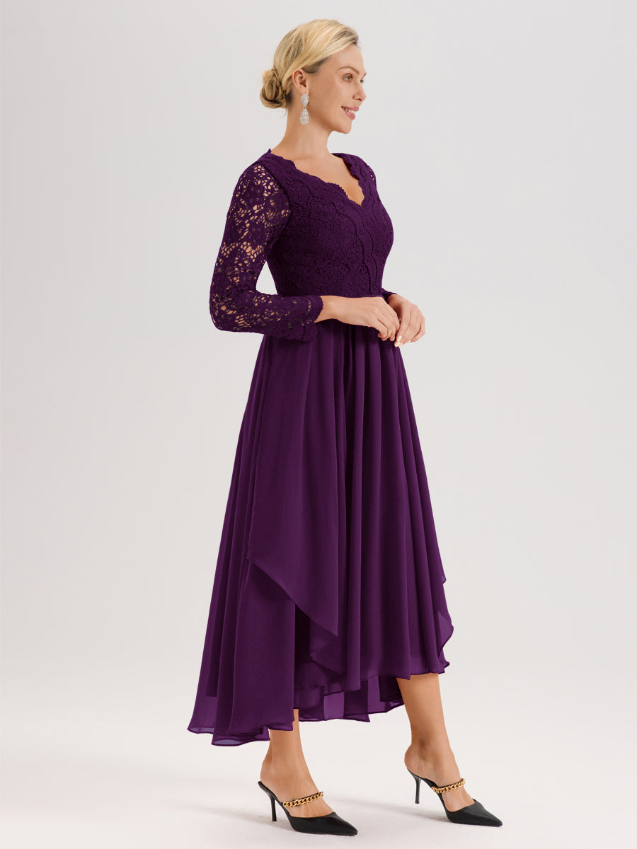 Cicinia Raisin Robe De Mère De La Mariée Longue À Ourlet Irrégulier Ligne A En Dentelle Et Mousseline À Décolleté En V Et Manches Longues
