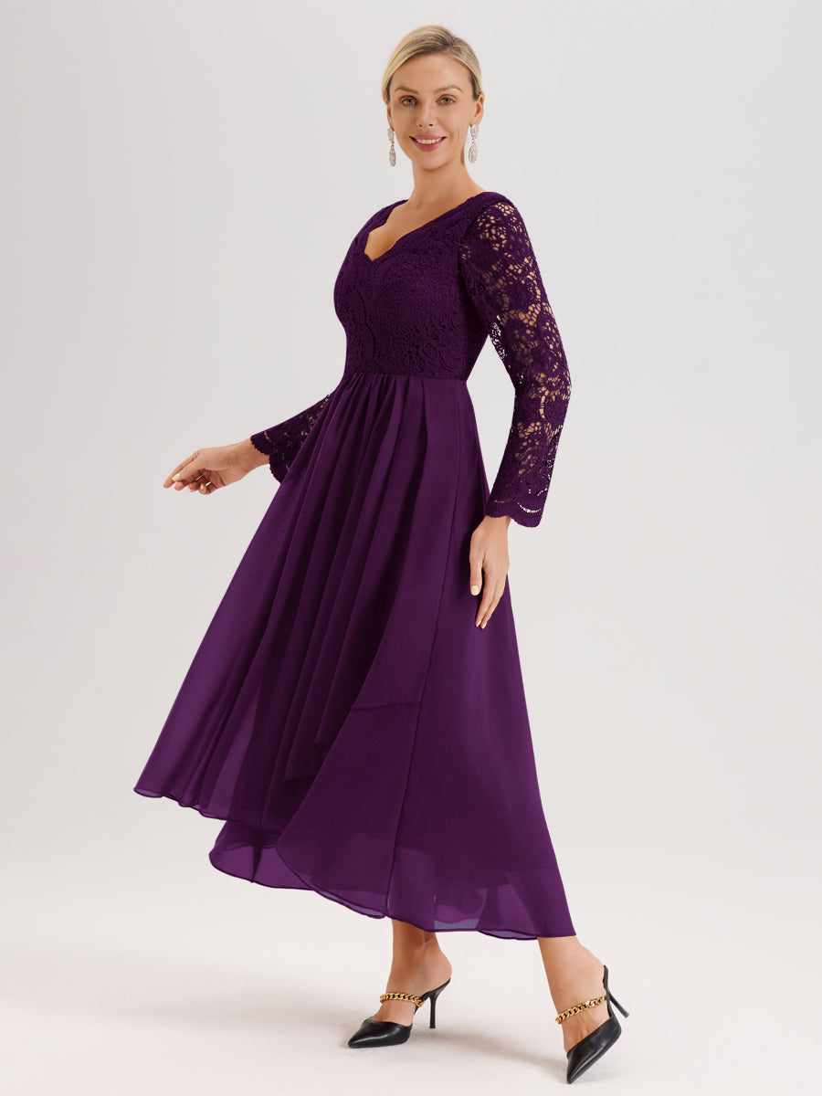 Cicinia Raisin Robe De Mère De La Mariée Longue À Ourlet Irrégulier Ligne A En Dentelle Et Mousseline À Décolleté En V Et Manches Longues