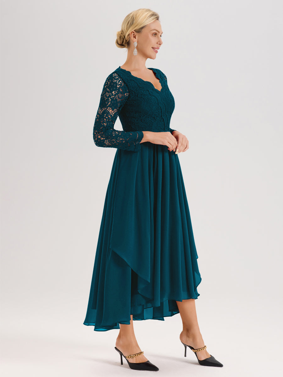 Cicinia Bleu Encre Robe De Mère De La Mariée Longue À Ourlet Irrégulier Ligne A En Dentelle Et Mousseline À Décolleté En V Et Manches Longues