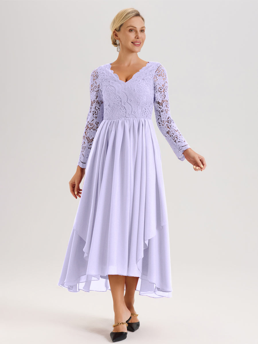 Cicinia Lilas Robe De Mère De La Mariée Longue À Ourlet Irrégulier Ligne A En Dentelle Et Mousseline À Décolleté En V Et Manches Longues
