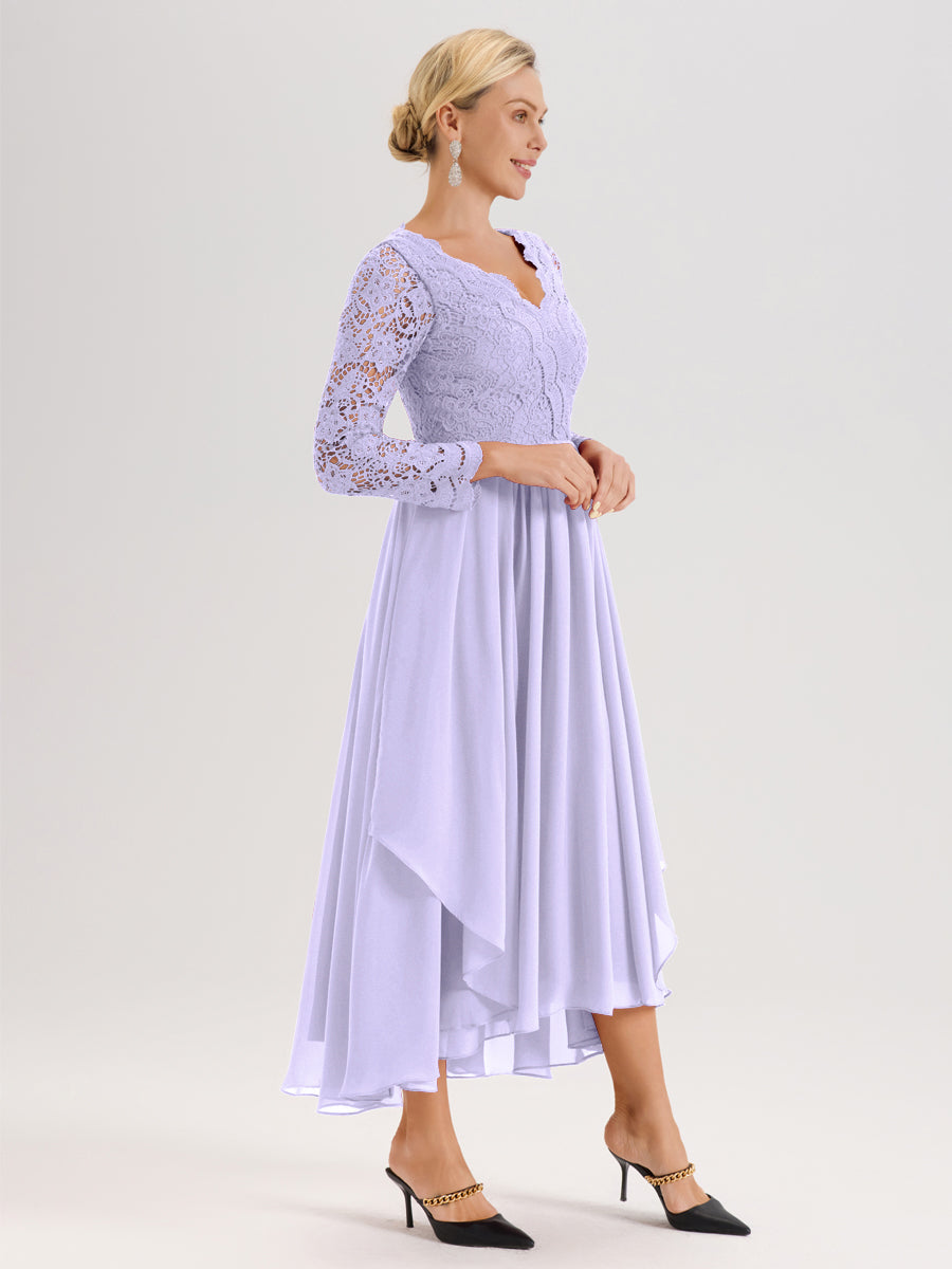 Cicinia Lilas Robe De Mère De La Mariée Longue À Ourlet Irrégulier Ligne A En Dentelle Et Mousseline À Décolleté En V Et Manches Longues