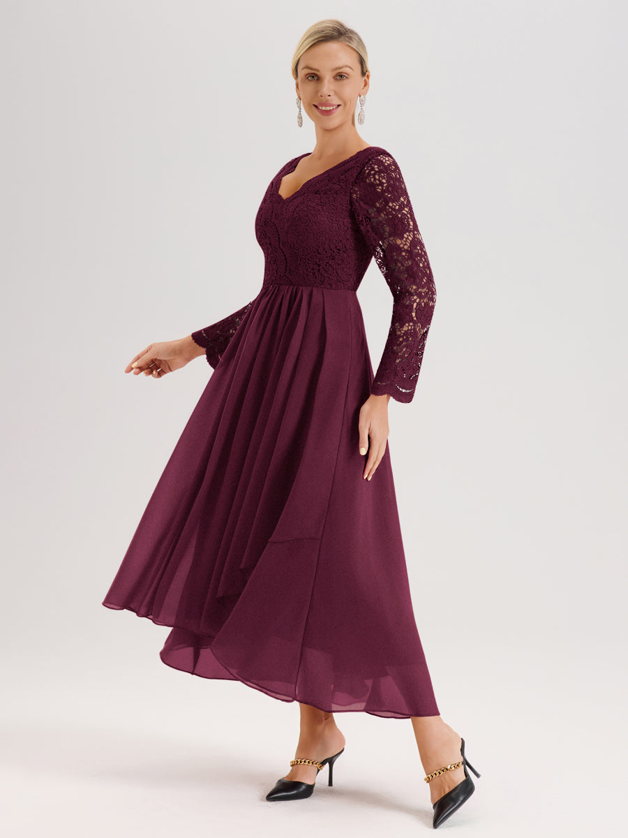 Cicinia Mûre Robe De Mère De La Mariée Longue À Ourlet Irrégulier Ligne A En Dentelle Et Mousseline À Décolleté En V Et Manches Longues