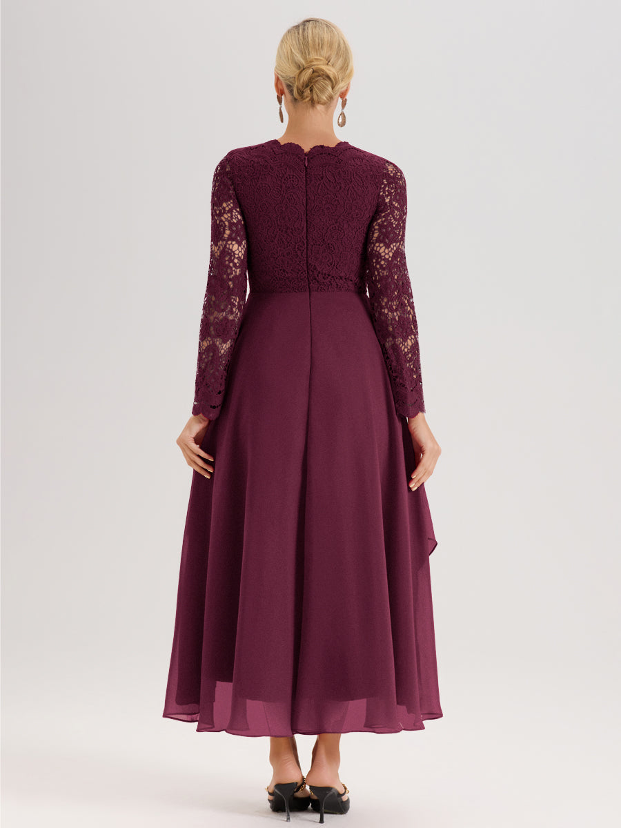 Cicinia Mûre Robe De Mère De La Mariée Longue À Ourlet Irrégulier Ligne A En Dentelle Et Mousseline À Décolleté En V Et Manches Longues