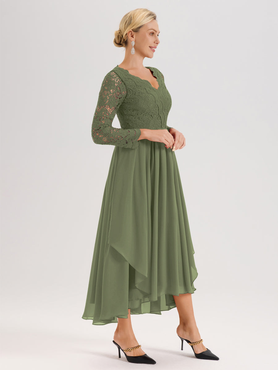 Cicinia Vert Olive Robe De Mère De La Mariée Longue À Ourlet Irrégulier Ligne A En Dentelle Et Mousseline À Décolleté En V Et Manches Longues