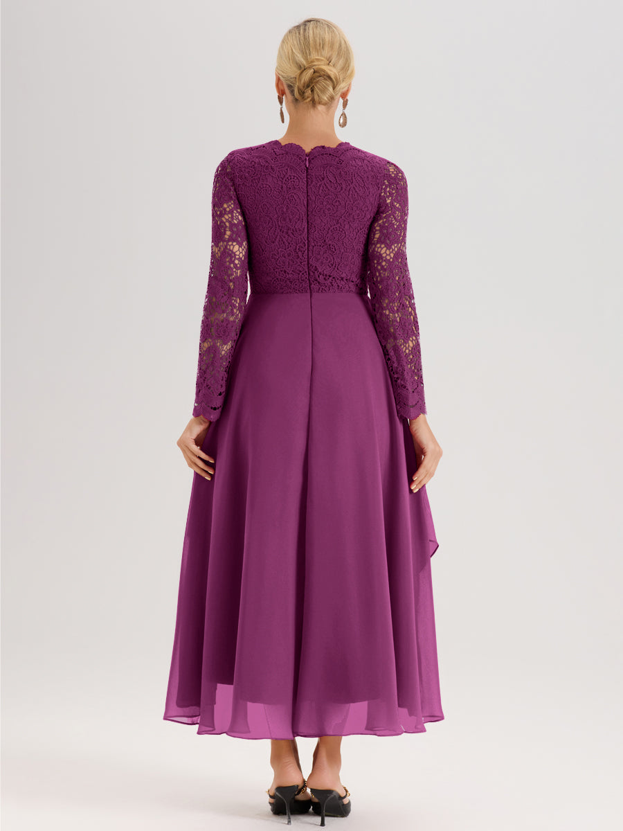 Cicinia Orchidée Robe De Mère De La Mariée Longue À Ourlet Irrégulier Ligne A En Dentelle Et Mousseline À Décolleté En V Et Manches Longues