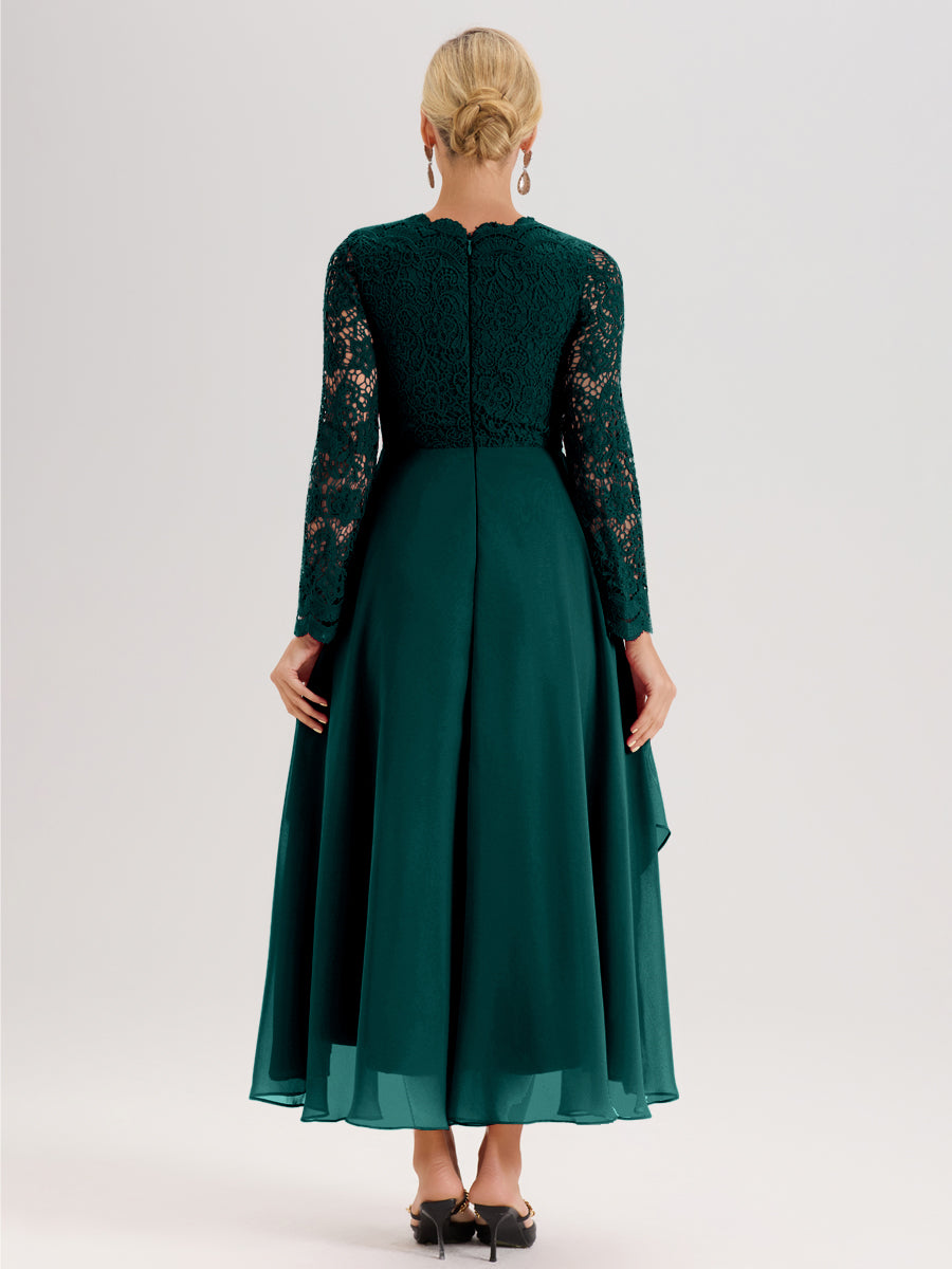 Cicinia Paon Robe De Mère De La Mariée Longue À Ourlet Irrégulier Ligne A En Dentelle Et Mousseline À Décolleté En V Et Manches Longues