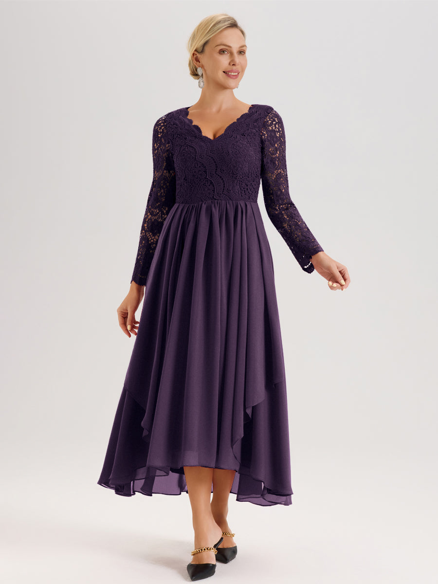 Cicinia Plum Robe De Mère De La Mariée Longue À Ourlet Irrégulier Ligne A En Dentelle Et Mousseline À Décolleté En V Et Manches Longues