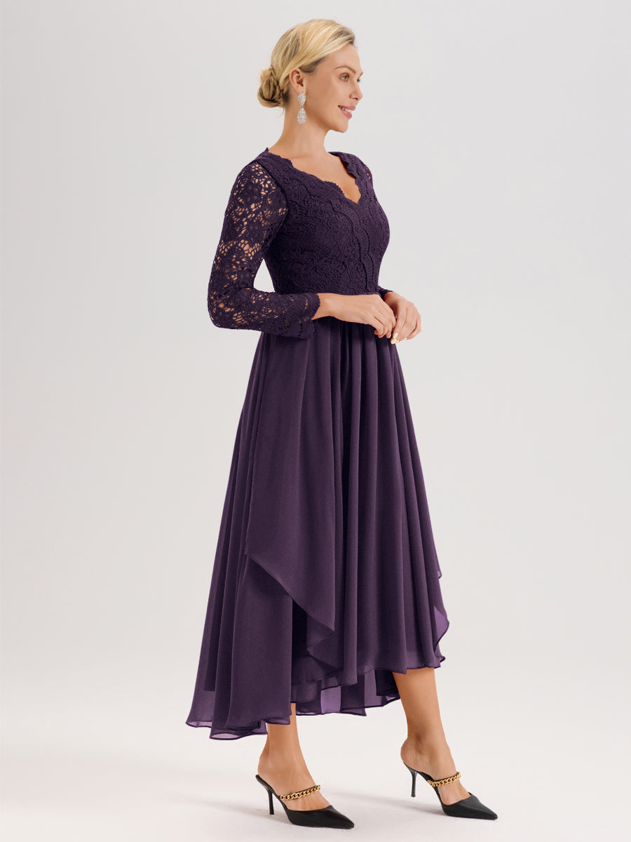 Cicinia Plum Robe De Mère De La Mariée Longue À Ourlet Irrégulier Ligne A En Dentelle Et Mousseline À Décolleté En V Et Manches Longues