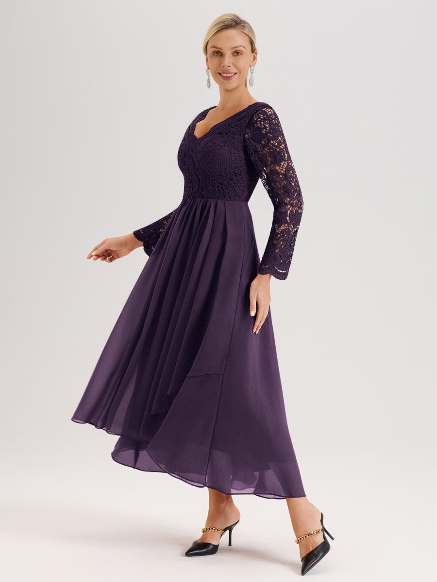 Cicinia Plum Robe De Mère De La Mariée Longue À Ourlet Irrégulier Ligne A En Dentelle Et Mousseline À Décolleté En V Et Manches Longues