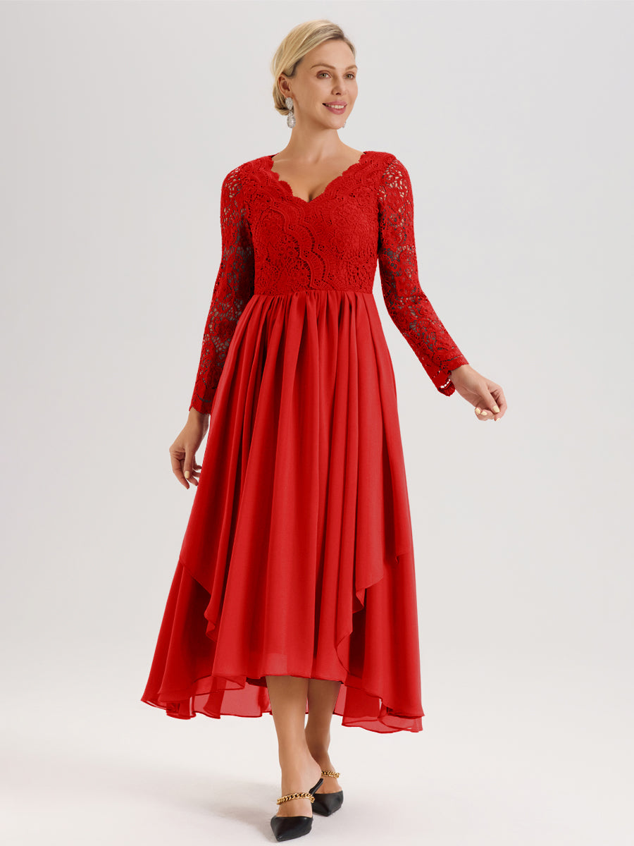 Cicinia Rouge Robe De Mère De La Mariée Longue À Ourlet Irrégulier Ligne A En Dentelle Et Mousseline À Décolleté En V Et Manches Longues