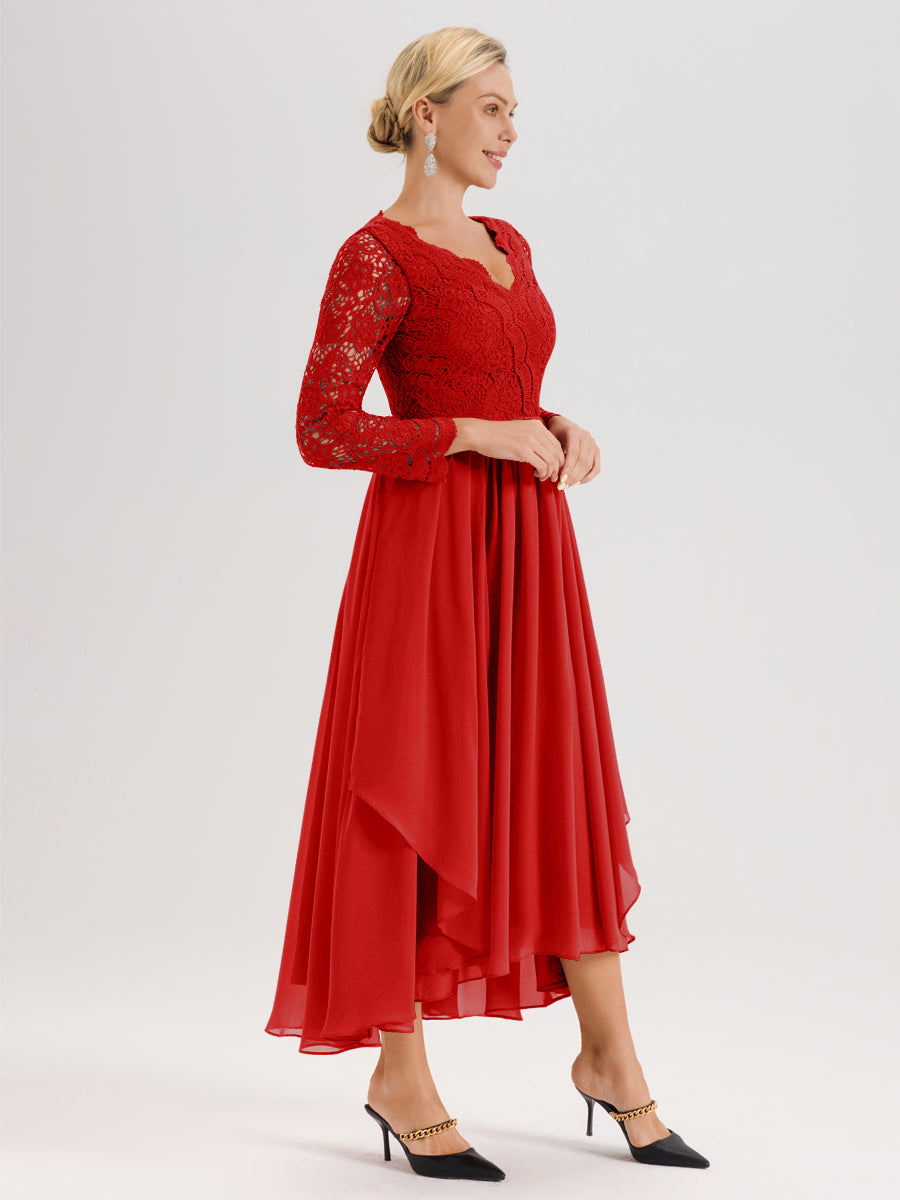 Cicinia Rouge Robe De Mère De La Mariée Longue À Ourlet Irrégulier Ligne A En Dentelle Et Mousseline À Décolleté En V Et Manches Longues