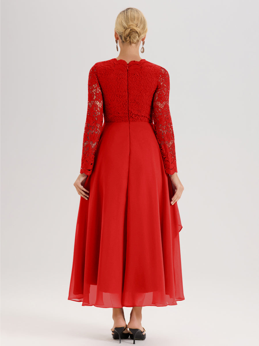 Cicinia Rouge Robe De Mère De La Mariée Longue À Ourlet Irrégulier Ligne A En Dentelle Et Mousseline À Décolleté En V Et Manches Longues