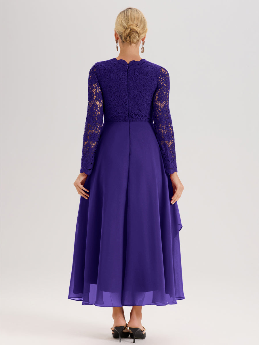 Cicinia Régence Robe De Mère De La Mariée Longue À Ourlet Irrégulier Ligne A En Dentelle Et Mousseline À Décolleté En V Et Manches Longues