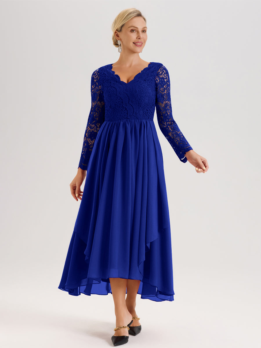 Cicinia Bleu Royale Robe De Mère De La Mariée Longue À Ourlet Irrégulier Ligne A En Dentelle Et Mousseline À Décolleté En V Et Manches Longues