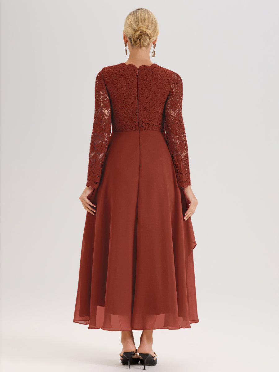 Cicinia Rouille Robe De Mère De La Mariée Longue À Ourlet Irrégulier Ligne A En Dentelle Et Mousseline À Décolleté En V Et Manches Longues
