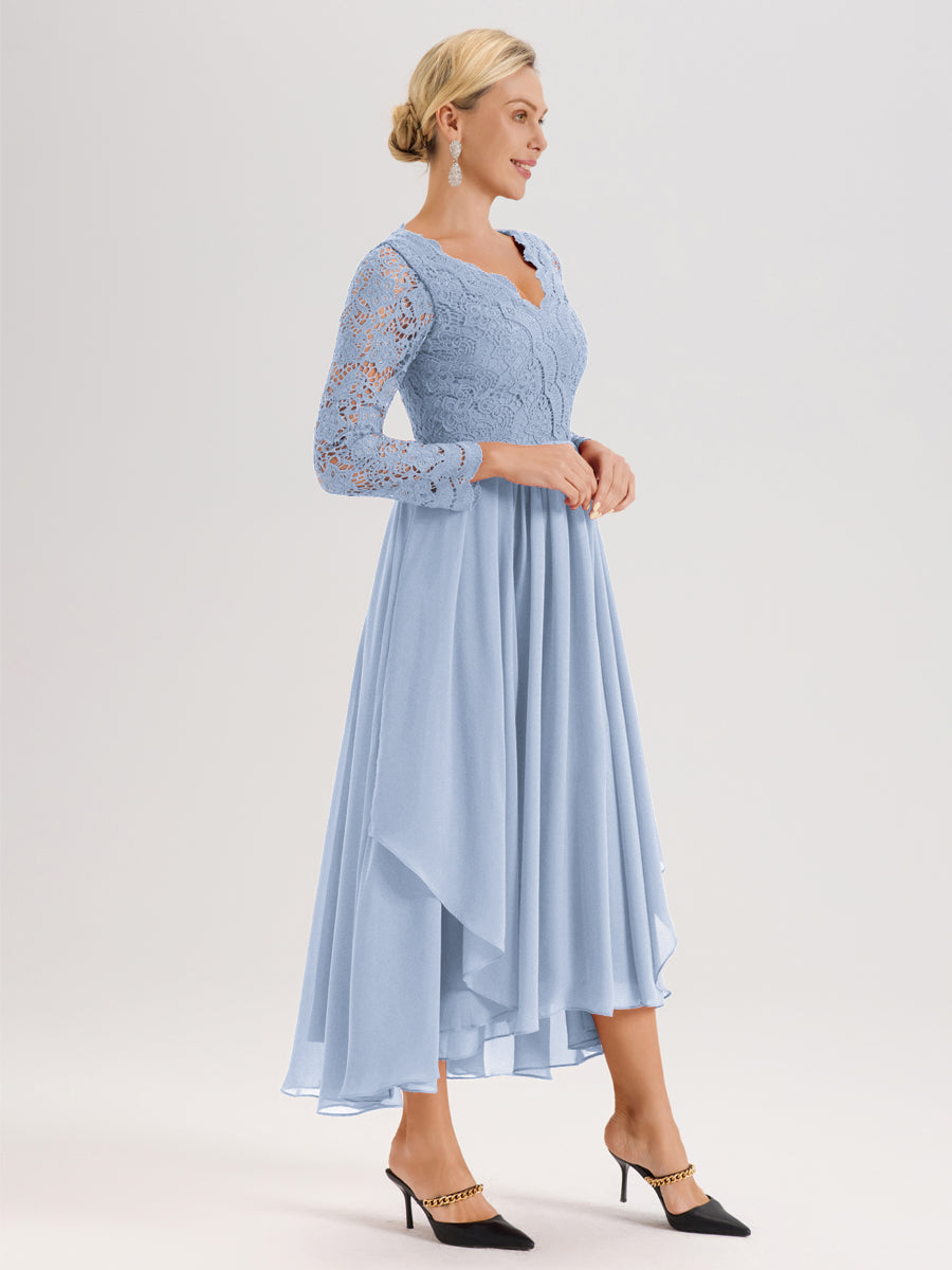 Cicinia Bleu Ciel Robe De Mère De La Mariée Longue À Ourlet Irrégulier Ligne A En Dentelle Et Mousseline À Décolleté En V Et Manches Longues