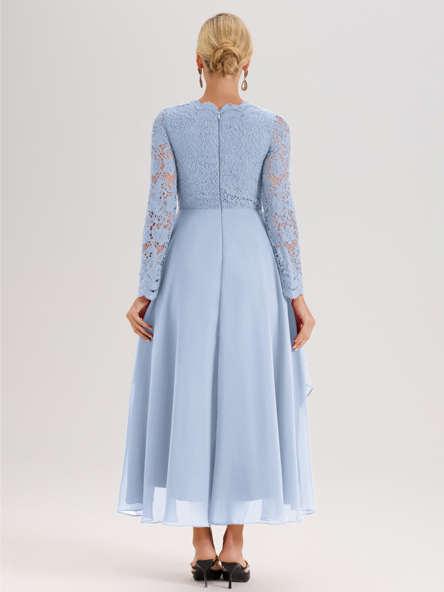 Cicinia Bleu Ciel Robe De Mère De La Mariée Longue À Ourlet Irrégulier Ligne A En Dentelle Et Mousseline À Décolleté En V Et Manches Longues