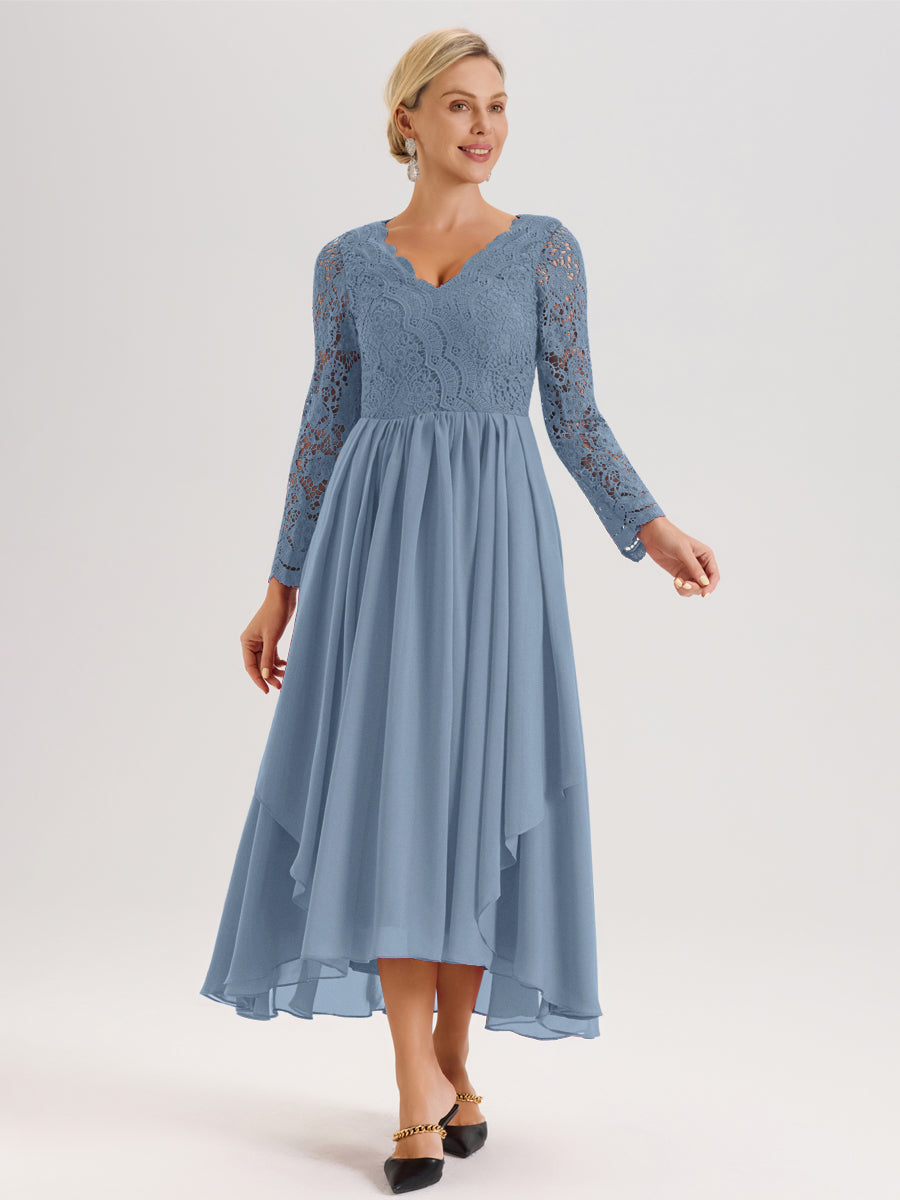 Cicinia Bleu De Schiste Robe De Mère De La Mariée Longue À Ourlet Irrégulier Ligne A En Dentelle Et Mousseline À Décolleté En V Et Manches Longues