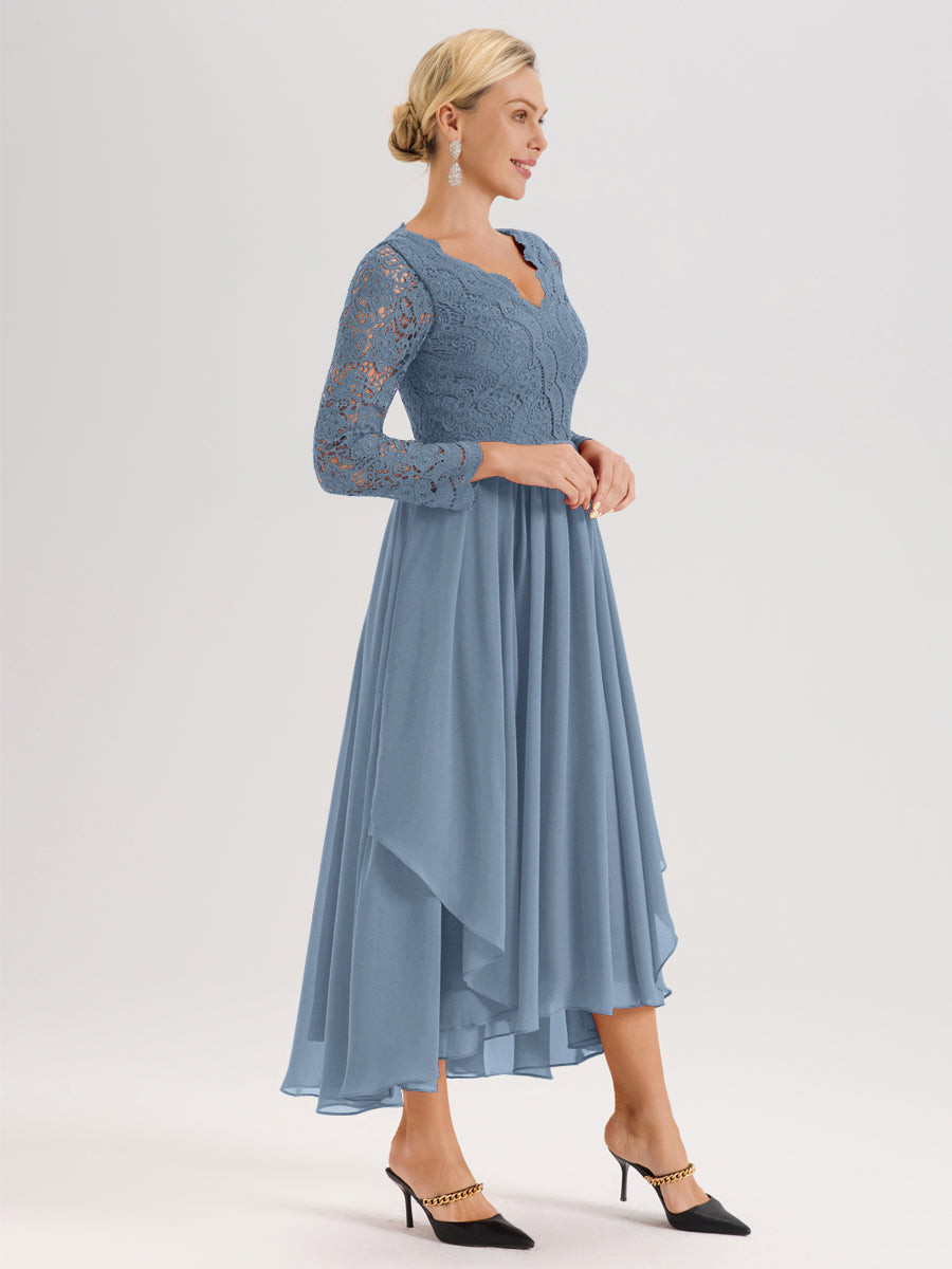 Cicinia Bleu De Schiste Robe De Mère De La Mariée Longue À Ourlet Irrégulier Ligne A En Dentelle Et Mousseline À Décolleté En V Et Manches Longues