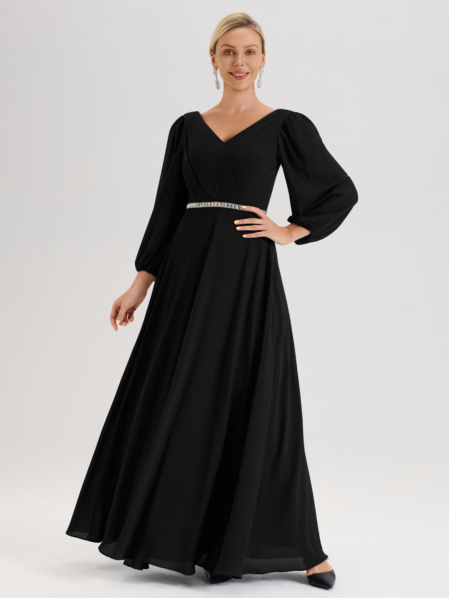 Cicinia Noir Robe De Mère De La Mariée Manches Ballon Ligne A En Mousseline À Décolleté En V