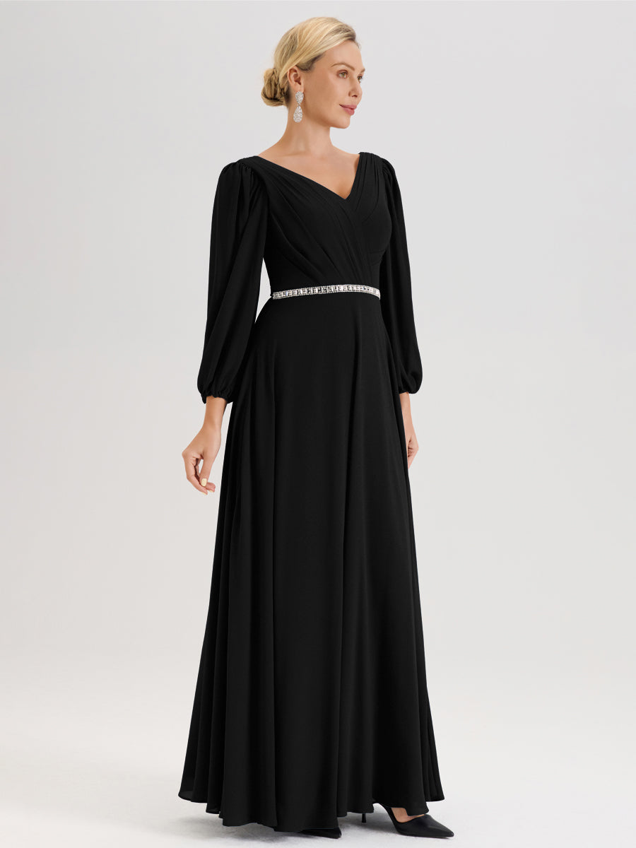Cicinia Noir Robe De Mère De La Mariée Manches Ballon Ligne A En Mousseline À Décolleté En V