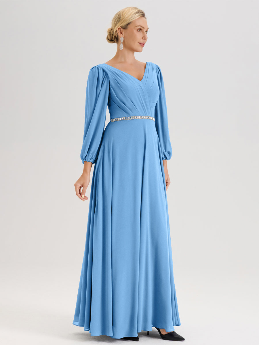 Cicinia Bleu Robe De Mère De La Mariée Manches Ballon Ligne A En Mousseline À Décolleté En V