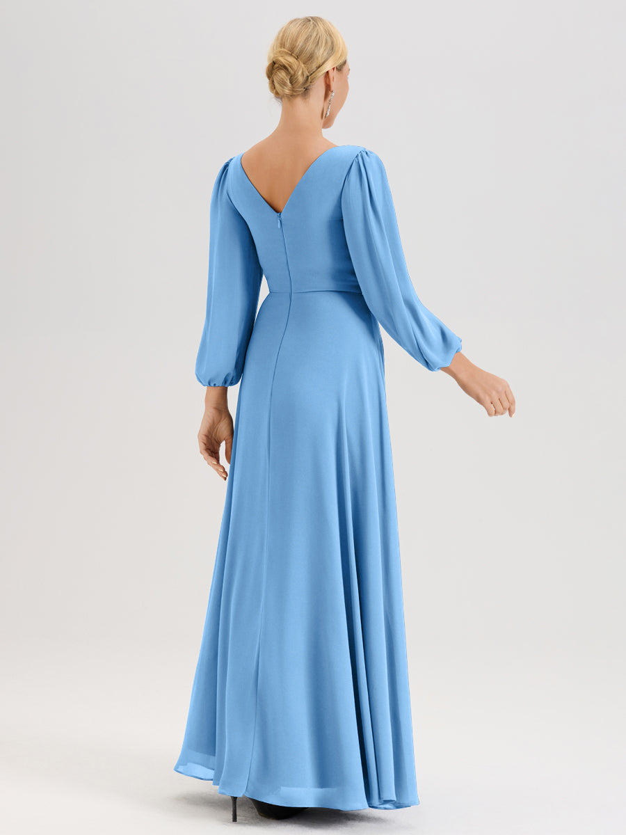 Cicinia Bleu Robe De Mère De La Mariée Manches Ballon Ligne A En Mousseline À Décolleté En V