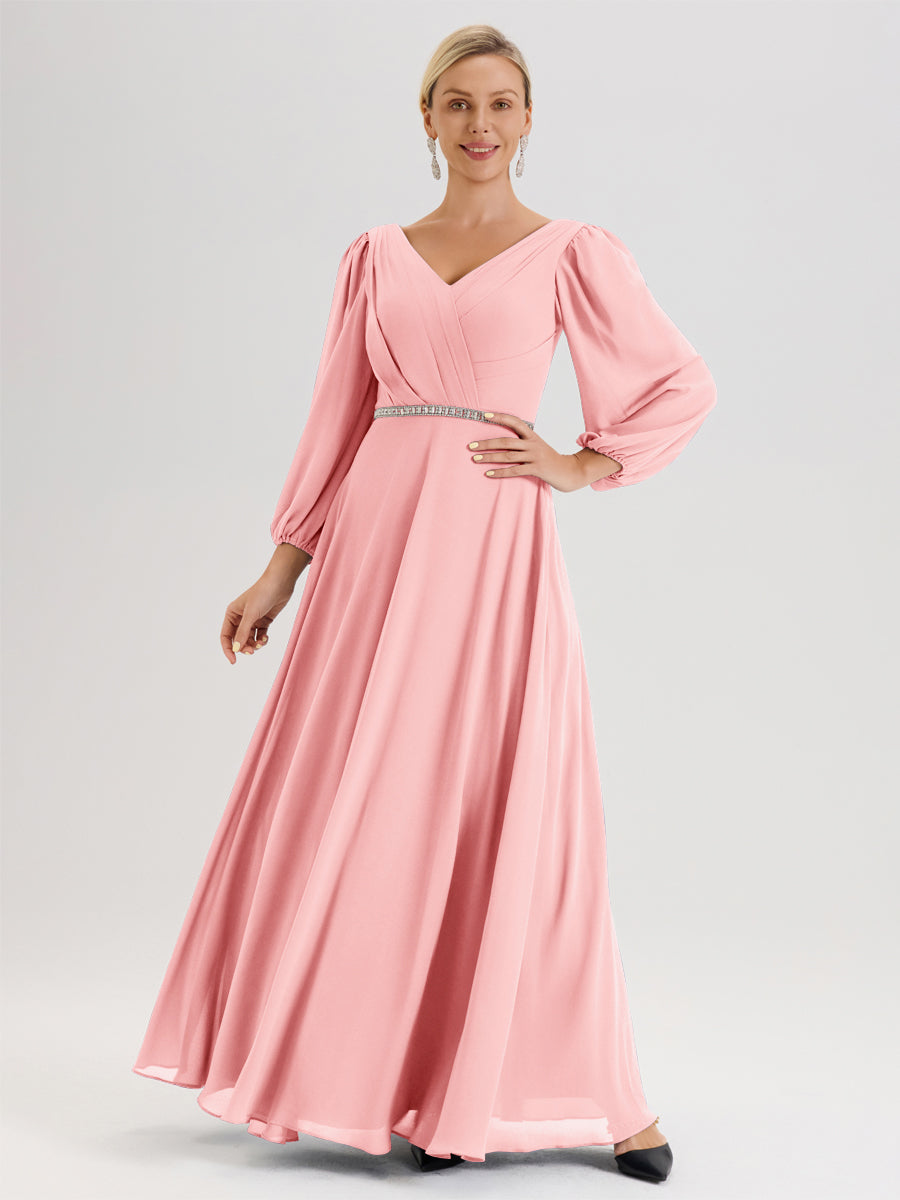 Cicinia Rose Robe De Mère De La Mariée Manches Ballon Ligne A En Mousseline À Décolleté En V