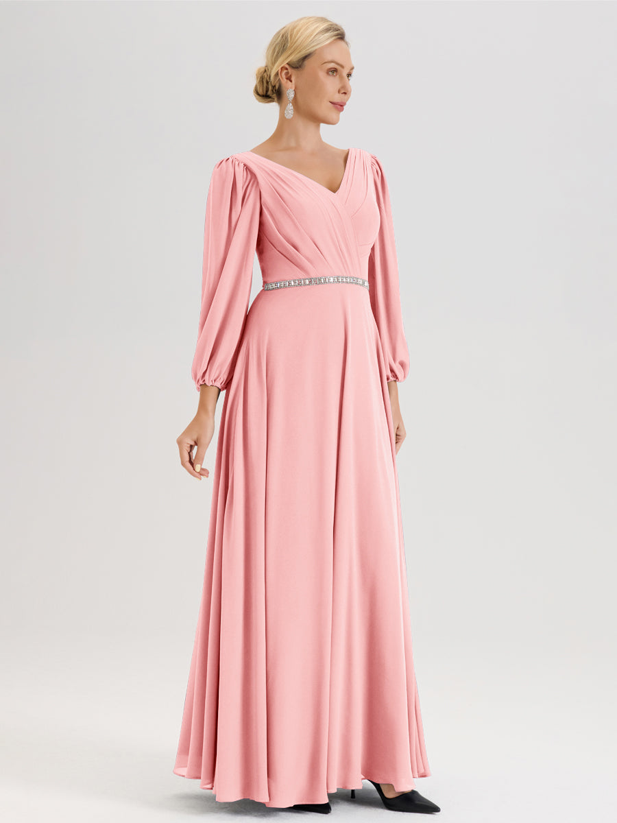 Cicinia Rose Robe De Mère De La Mariée Manches Ballon Ligne A En Mousseline À Décolleté En V