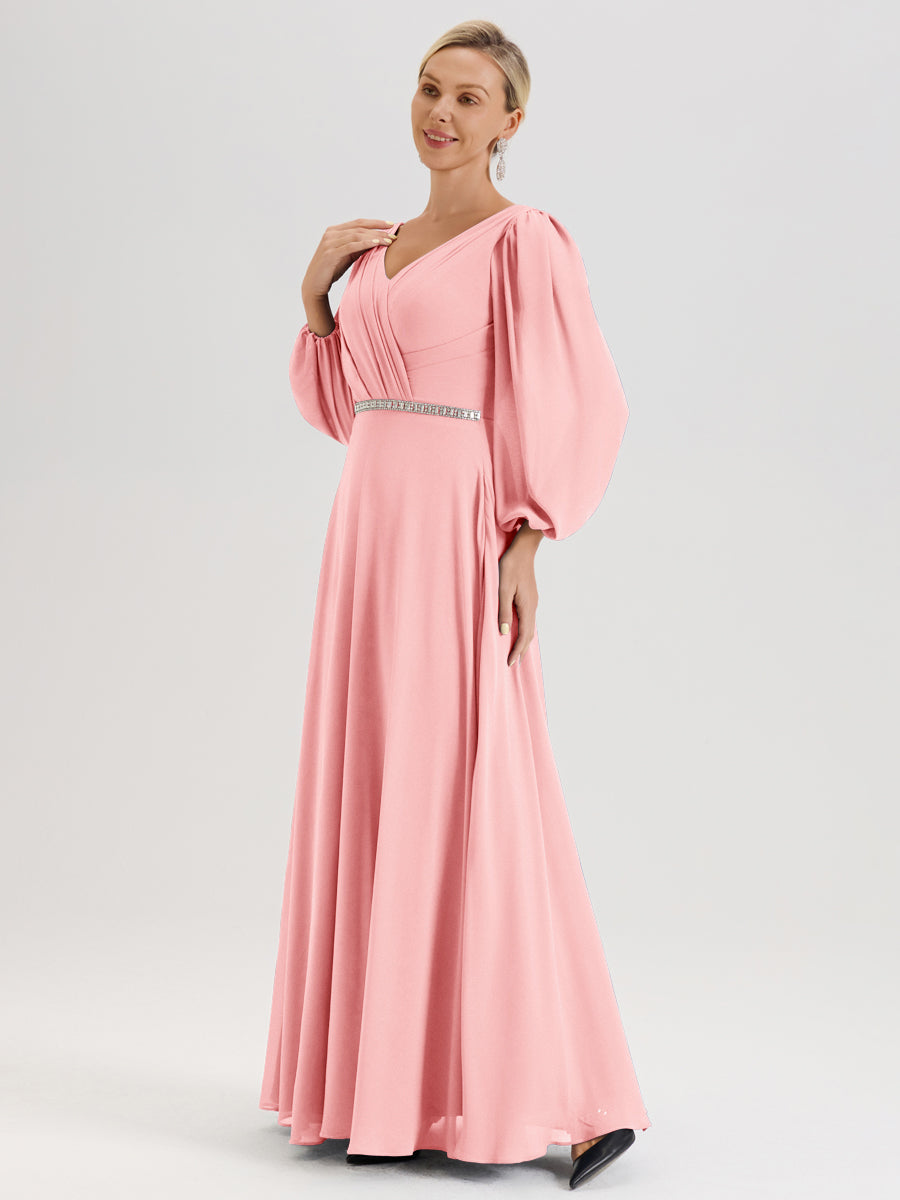 Cicinia Rose Robe De Mère De La Mariée Manches Ballon Ligne A En Mousseline À Décolleté En V