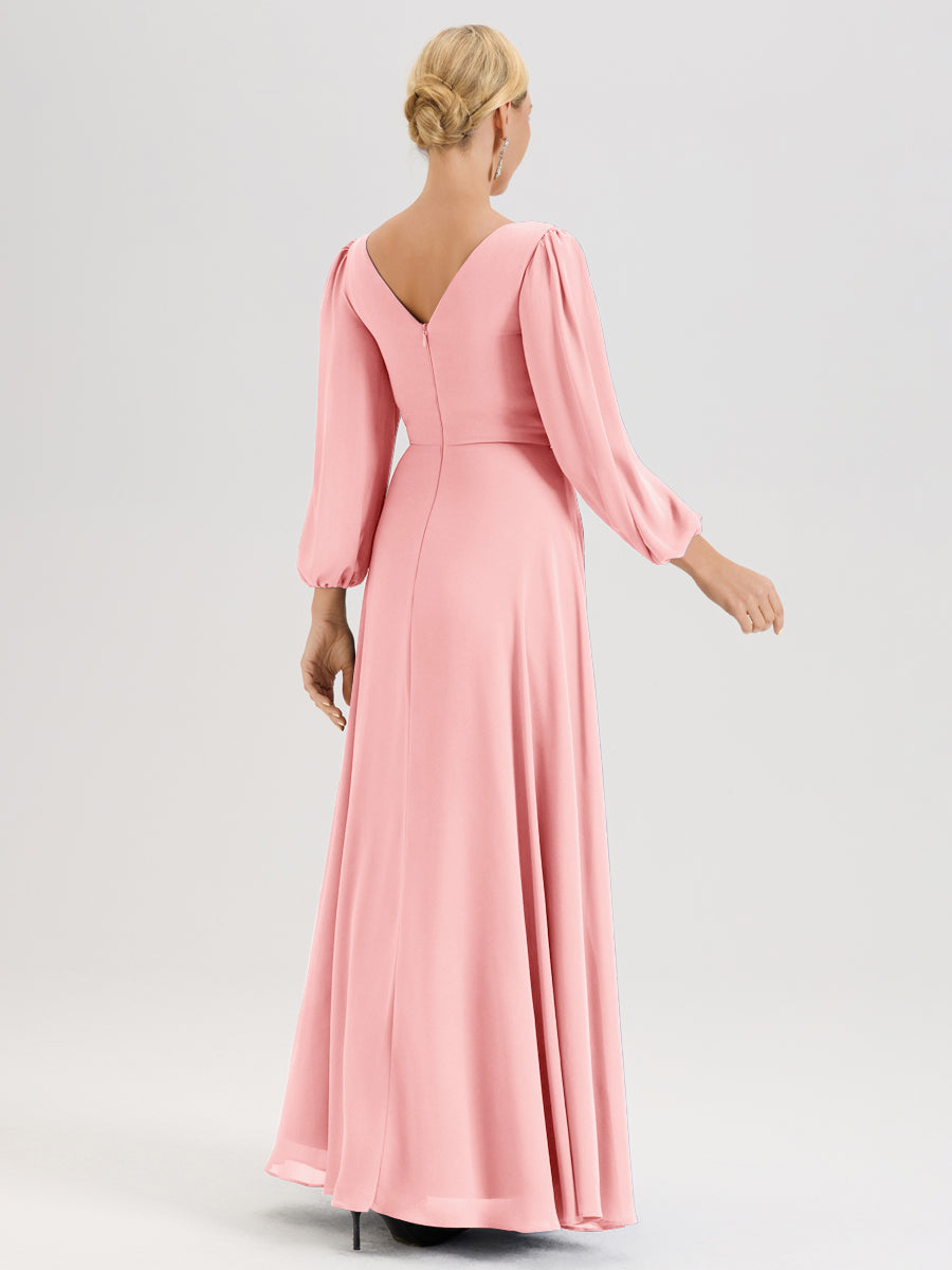 Cicinia Rose Robe De Mère De La Mariée Manches Ballon Ligne A En Mousseline À Décolleté En V