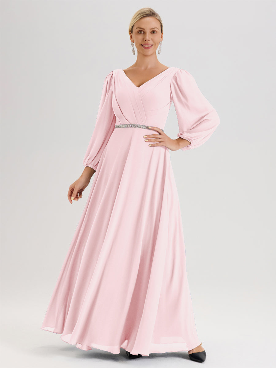 Cicinia Rose Pâle Robe De Mère De La Mariée Manches Ballon Ligne A En Mousseline À Décolleté En V