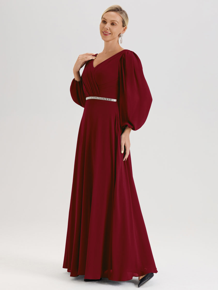 Cicinia Bordeaux Robe De Mère De La Mariée Manches Ballon Ligne A En Mousseline À Décolleté En V