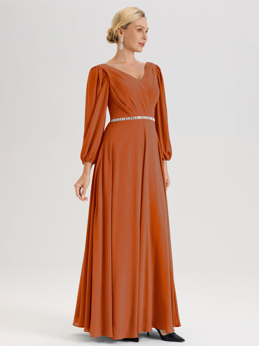 Cicinia Orange Brûlé Robe De Mère De La Mariée Manches Ballon Ligne A En Mousseline À Décolleté En V