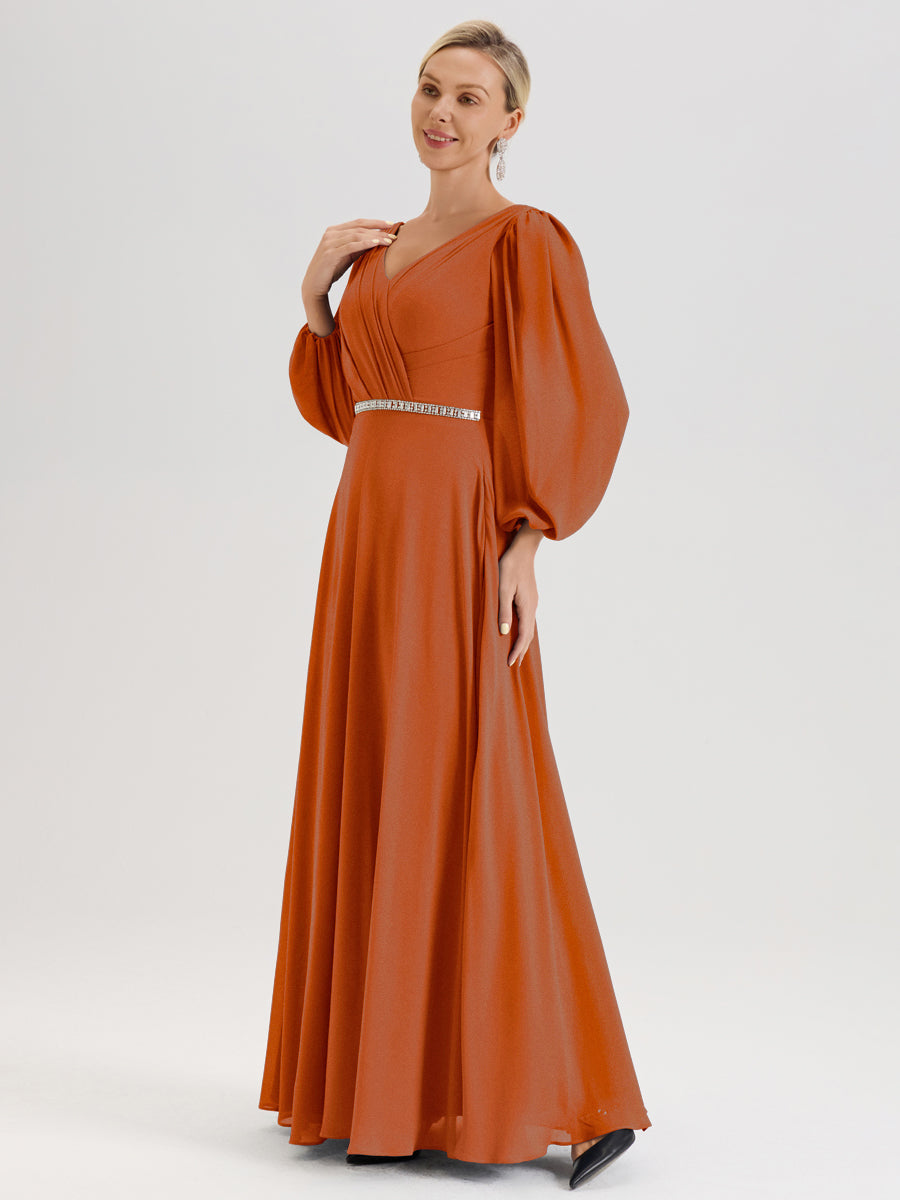 Cicinia Orange Brûlé Robe De Mère De La Mariée Manches Ballon Ligne A En Mousseline À Décolleté En V