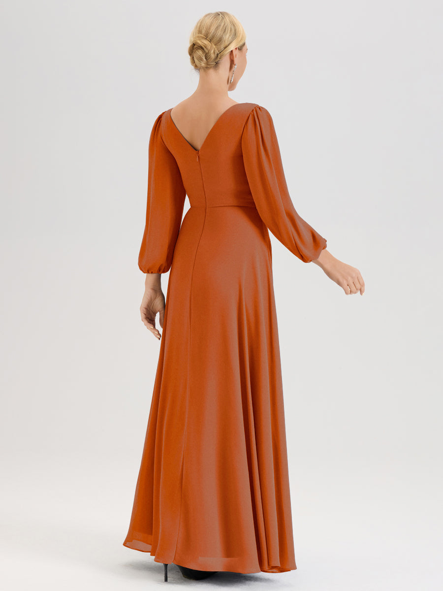 Cicinia Orange Brûlé Robe De Mère De La Mariée Manches Ballon Ligne A En Mousseline À Décolleté En V