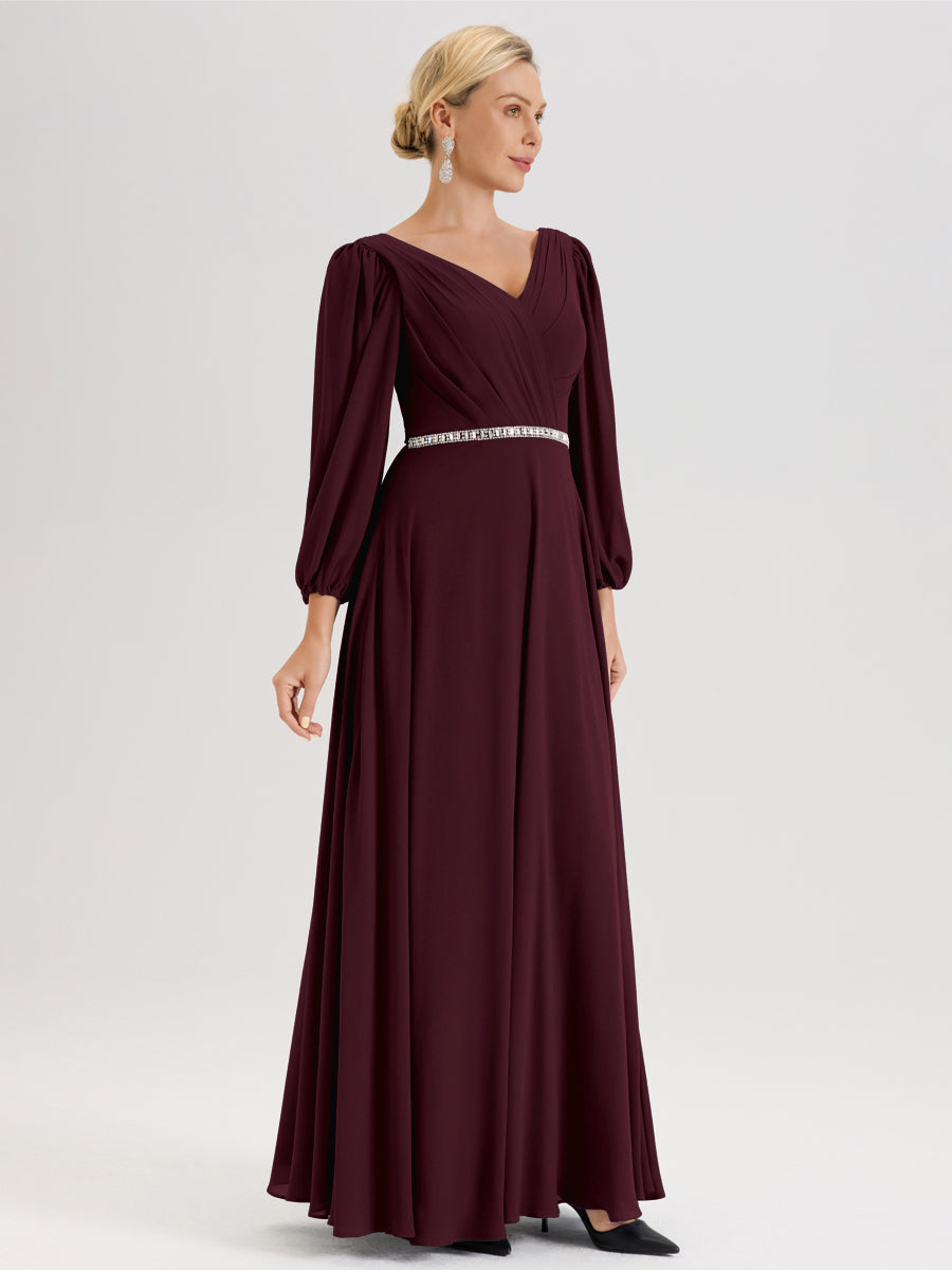 Cicinia Cabernet Robe De Mère De La Mariée Manches Ballon Ligne A En Mousseline À Décolleté En V