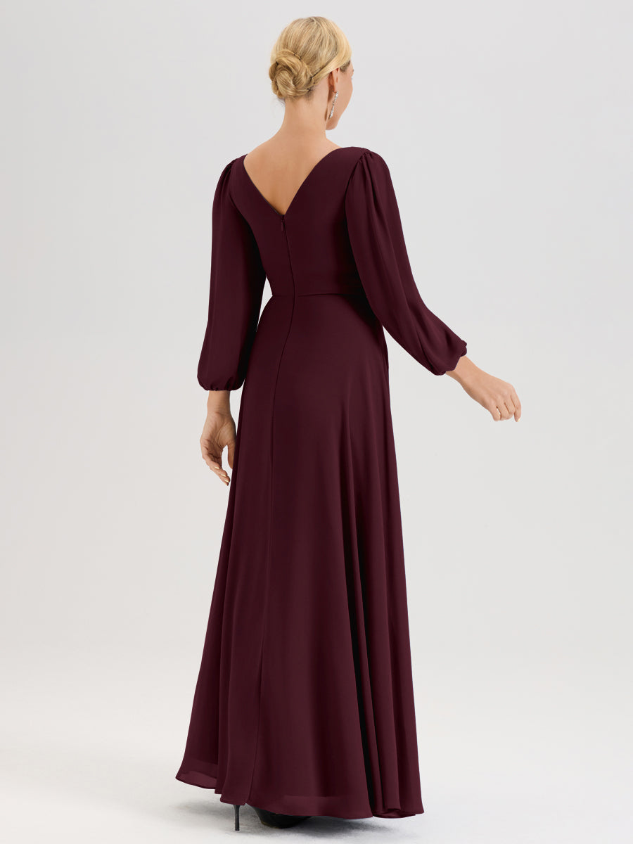 Cicinia Cabernet Robe De Mère De La Mariée Manches Ballon Ligne A En Mousseline À Décolleté En V