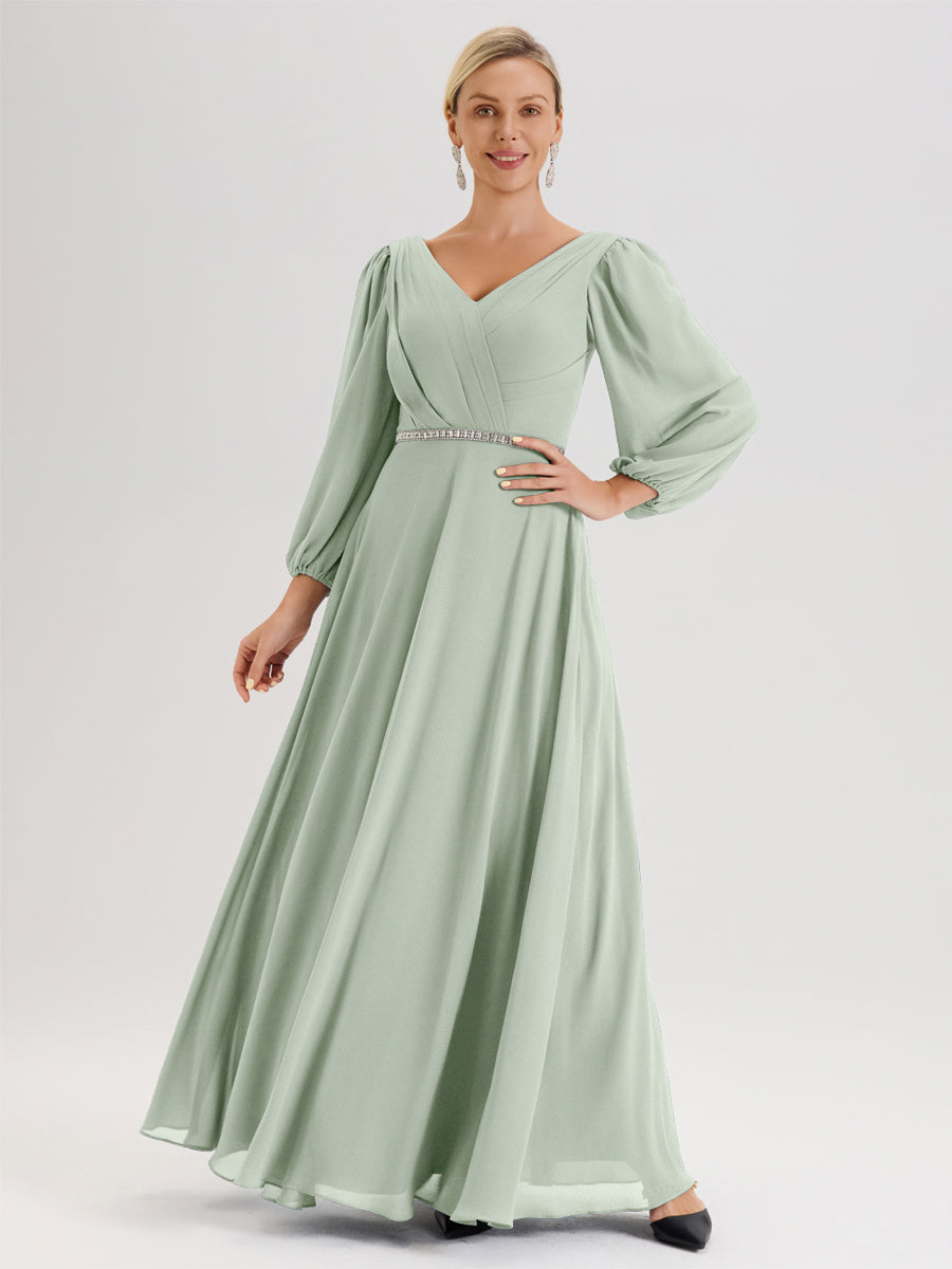 Cicinia Celadon Robe De Mère De La Mariée Manches Ballon Ligne A En Mousseline À Décolleté En V