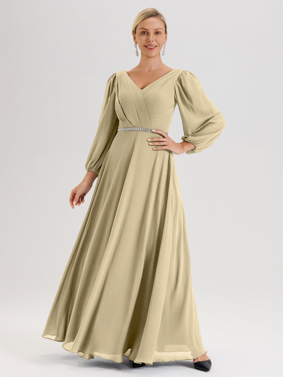 Cicinia Champagne Robe De Mère De La Mariée Manches Ballon Ligne A En Mousseline À Décolleté En V