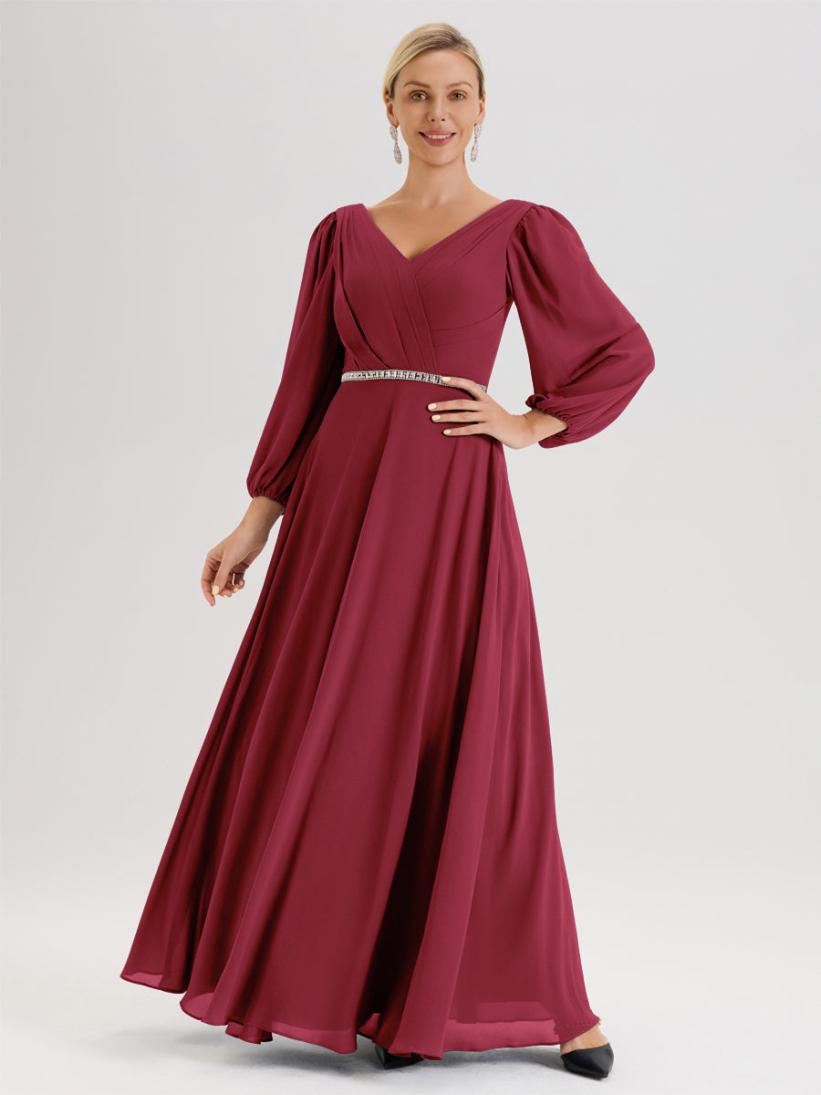 Cicinia Rose Cannelle Robe De Mère De La Mariée Manches Ballon Ligne A En Mousseline À Décolleté En V