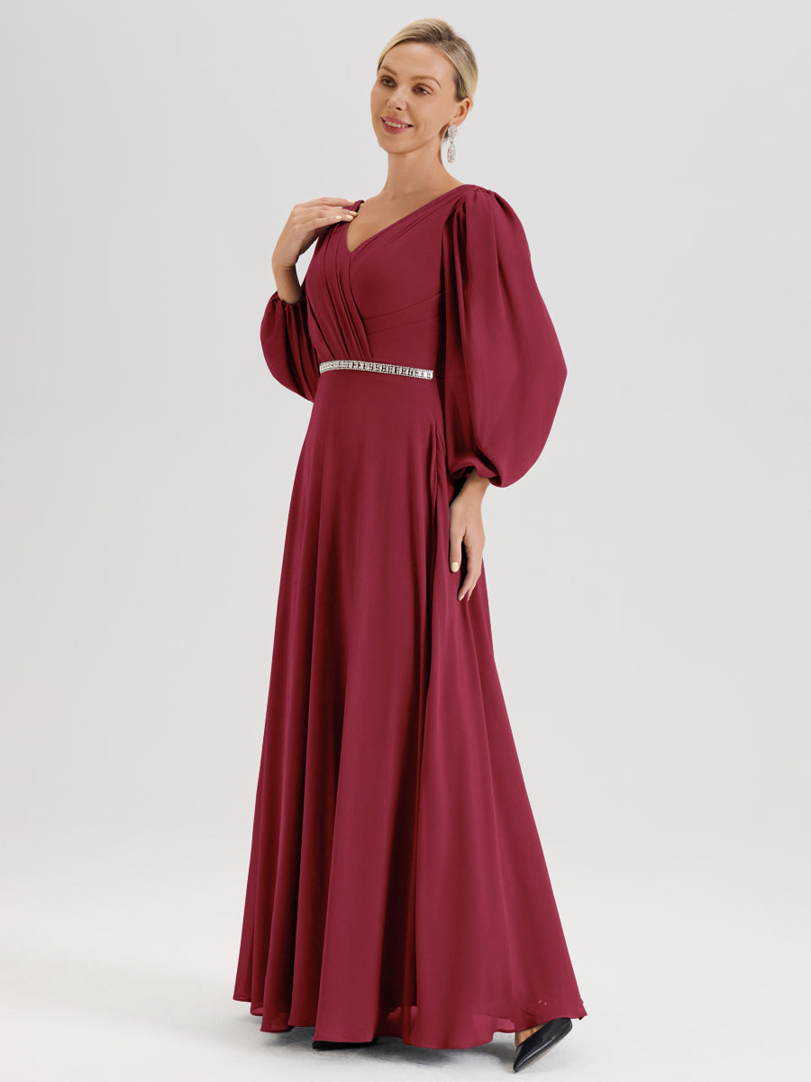 Cicinia Rose Cannelle Robe De Mère De La Mariée Manches Ballon Ligne A En Mousseline À Décolleté En V