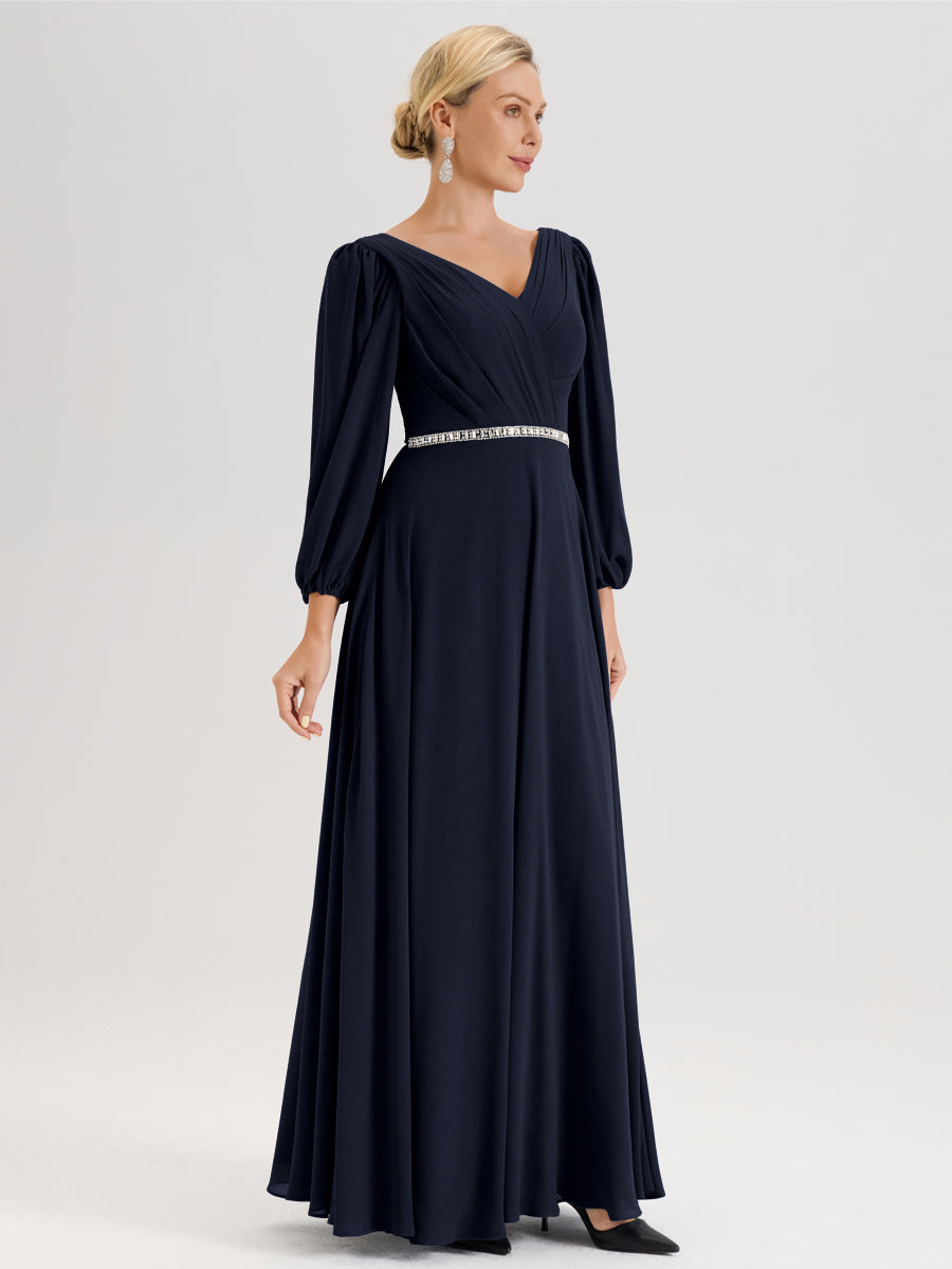Cicinia Bleu Marine Robe De Mère De La Mariée Manches Ballon Ligne A En Mousseline À Décolleté En V